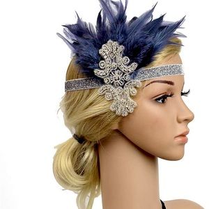 Vintage Flapper Sparkly Headband Hairband Headpiece with Navy Blue Feathers